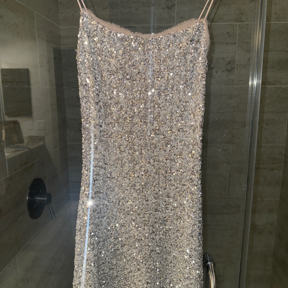 Zara Silver Sequin Mini Dress with Champagne Lining - Picture 3 of 4